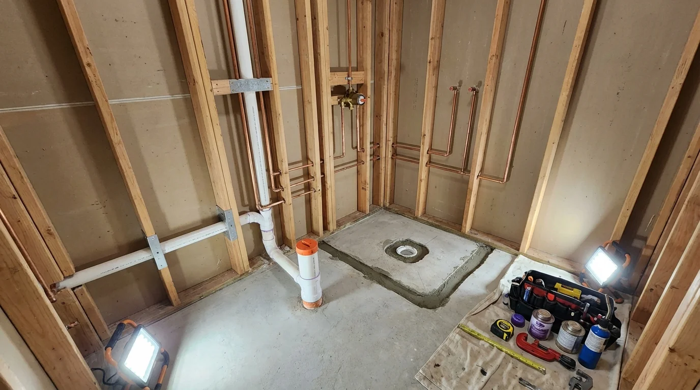 Bathroom rough-in plumbing during remodel by Johns Plumbing LLC in Old Saybrook