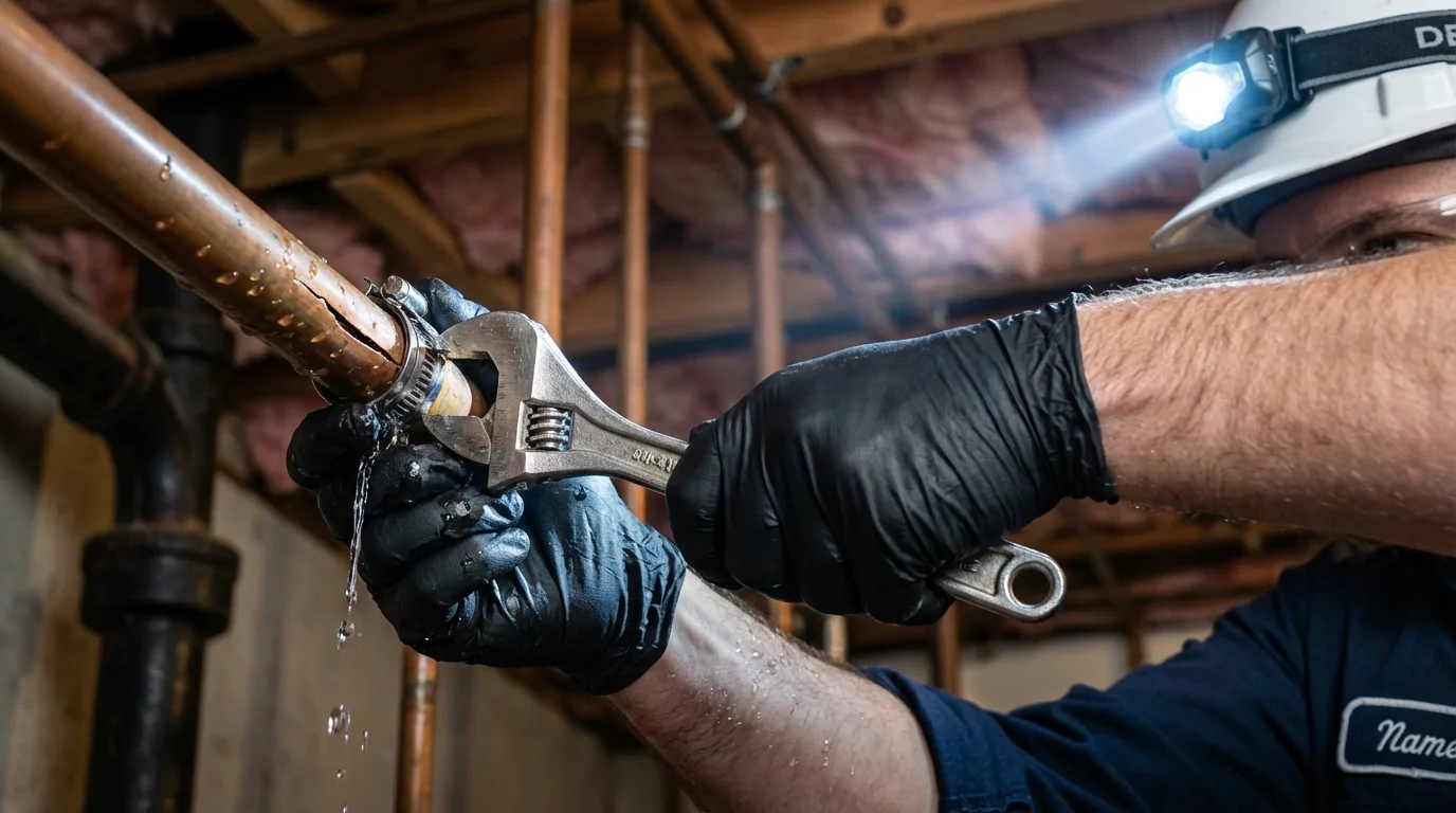 Emergency pipe clamp repair being performed by a Johns Plumbing LLC plumber in Old Saybrook