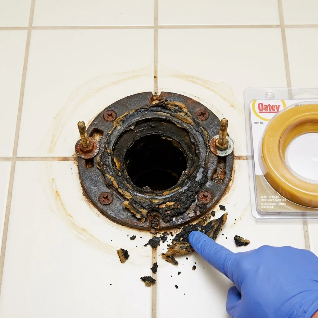 Failed wax ring showing water seepage at the base of a toilet in a Old Saybrook, CT home