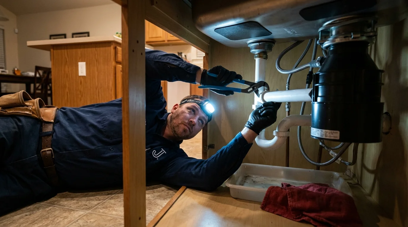 P-trap and supply line connections under a kitchen sink showing a common leak point in Old Saybrook, CT